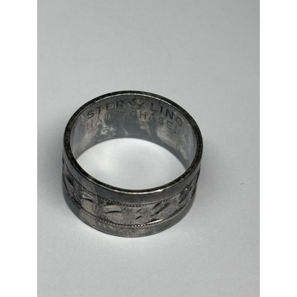 Sterling Silver 925 Inlay Heart Shapes Band Hand Chased Ring Size 5.75